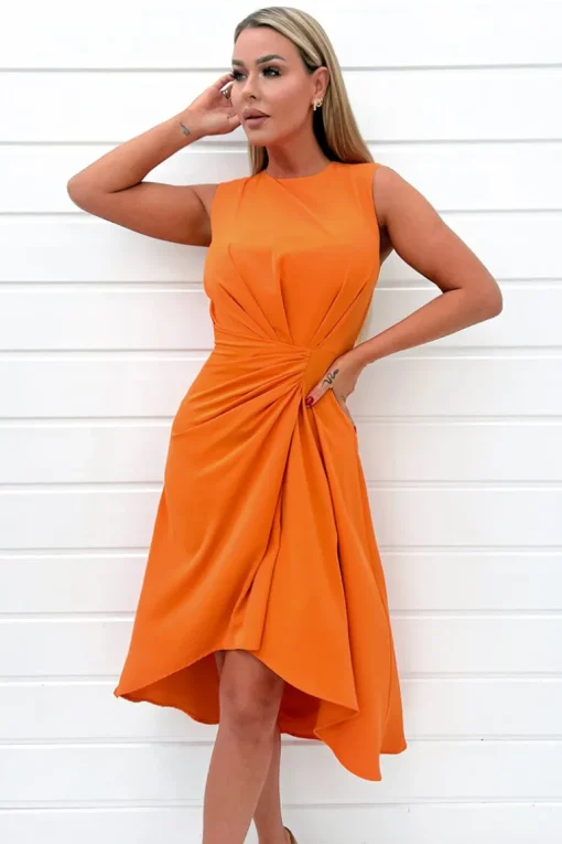 Blood Orange Gathered Midi Dress With Shoulder Pads