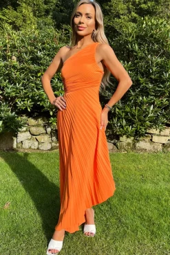 Blood Orange One Shoulder Cut Out Pleated Midi Dress