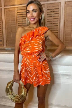 Blood Orange Printed One Shoulder Playsuit