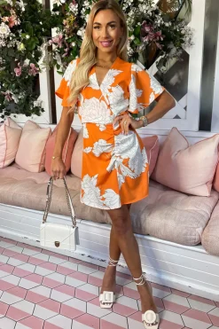 Blood Orange Printed Short Sleeve Gathered Mini Dress