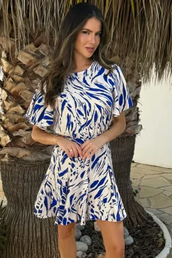 Blue And Cream Brush Stroke Print Butterfly Sleeve Skater Mini Dress