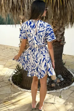 Blue And Cream Brush Stroke Print Butterfly Sleeve Skater Mini Dress