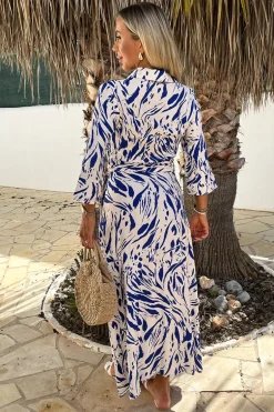 Blue And Cream Brush Stroke Print 3/4 Sleeve Shirt Midi Dress