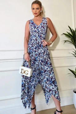 Blue And Red Floral Printed V Neck Zig Zag Pleated Midi Dress