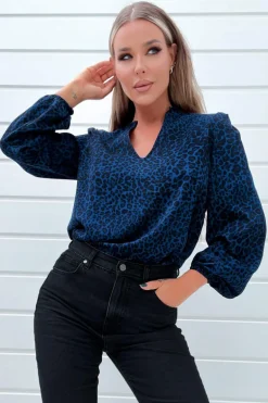 Blue Animal Print Long Sleeve Blouse