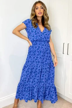 Blue Floral Printed Short Sleeved V-Neck Midi Smock Dress