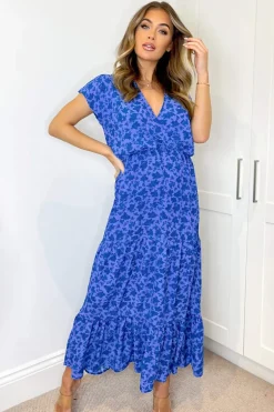 Blue Floral Printed Short Sleeved V-Neck Midi Smock Dress