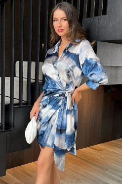 Blue Marble Print Gathered Wrap Shirt Mini Dress
