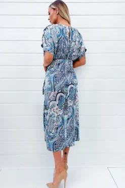 Blue Paisley Printed High Low Midi Dress