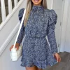 Blue Printed Puff Sleeve Skater Dress