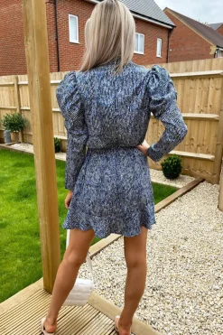 Blue Printed Puff Sleeve Skater Dress