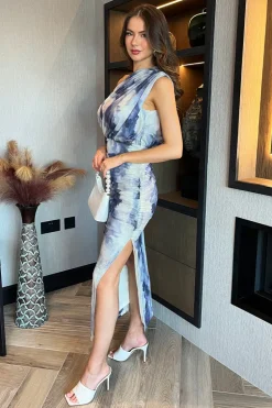 Blue Watercolour Print Off The Shoulder Draped Top Mesh Midi Dress