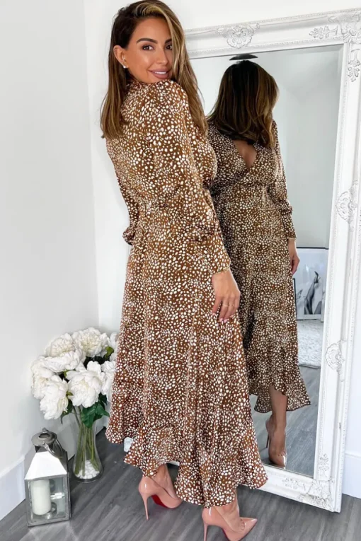 Brown And Cream Printed V-Neck Long Sleeve Midi Dress