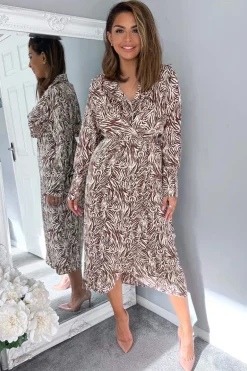 Brown Animal Print Wrap Over Midi Dress