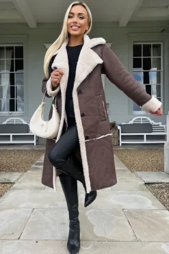 Brown Longline Faux Shearling Coat