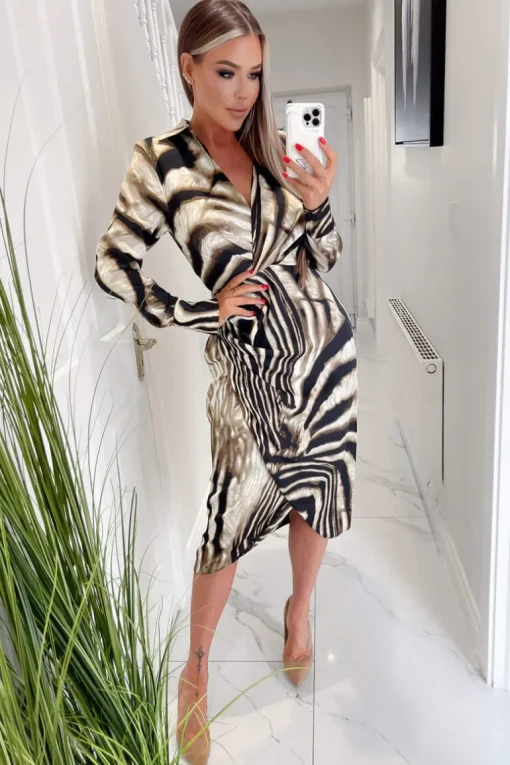 Brown Printed Long Sleeve Wrap Dress With Shoulder Pads