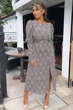 Brown Printed Long Sleeve Split Leg Midi Dress