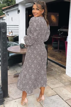 Brown Printed Long Sleeve Split Leg Midi Dress