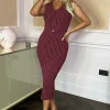 Burgundy Pinstripe Waistcoat Detail Bodycon Midi Dress