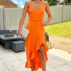 Burnt Orange Frill High Low Midi Dress