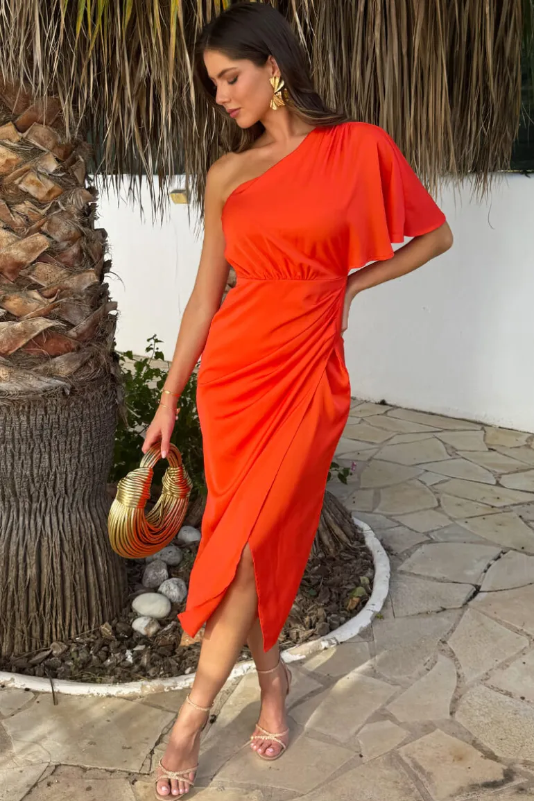 Burnt Orange One Shoulder Butterfly Sleeve Wrap Midi Dress