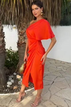 Burnt Orange One Shoulder Butterfly Sleeve Wrap Midi Dress