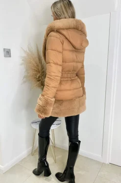 Camel Faux Fur Trim Belted Jacket