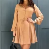 Camel Long Sleeve Button Front Skater Shirt Dress