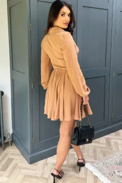 Camel Long Sleeve Button Front Skater Shirt Dress