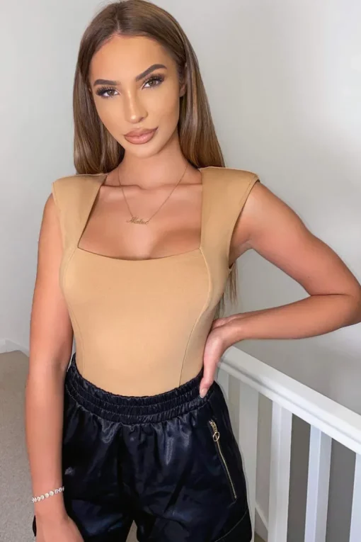 Camel Padded Shoulder Sleeveless Bodysuit