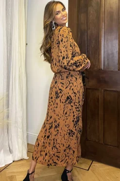 Camel Print High Neck Split Skirt Midi Dress