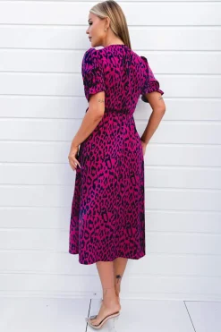 Cerise And Navy Animal Print Wrap Midi Dress