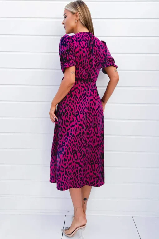 Cerise And Navy Animal Print Wrap Midi Dress