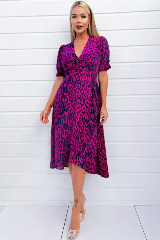 Cerise And Navy Animal Print Wrap Midi Dress