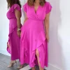 Cerise Frill Detail Double Split Skirt Midi Dress