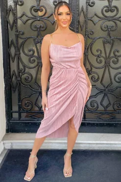 Champagne Plisse Cowl Neck Gathered Midi Dress