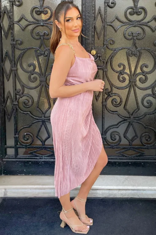 Champagne Plisse Cowl Neck Gathered Midi Dress