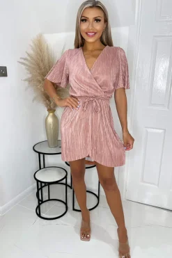Champagne Wrap Top Belted Short Sleeve Plisse Mini Dress