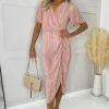 Champagne Wrap Top Short Sleeve Plisse Gathered Midi Dress