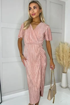 Champagne Wrap Top Short Sleeve Plisse Gathered Midi Dress
