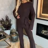Chocolate Ribbed Tie Waist Flared Leg Co-ord