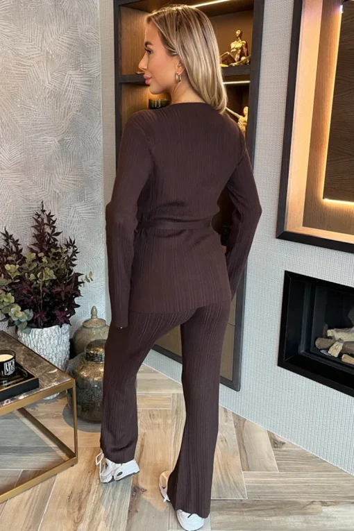 Chocolate Ribbed Tie Waist Flared Leg Co-ord