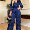 Cobalt and Black Print Wrap Top Jumpsuit