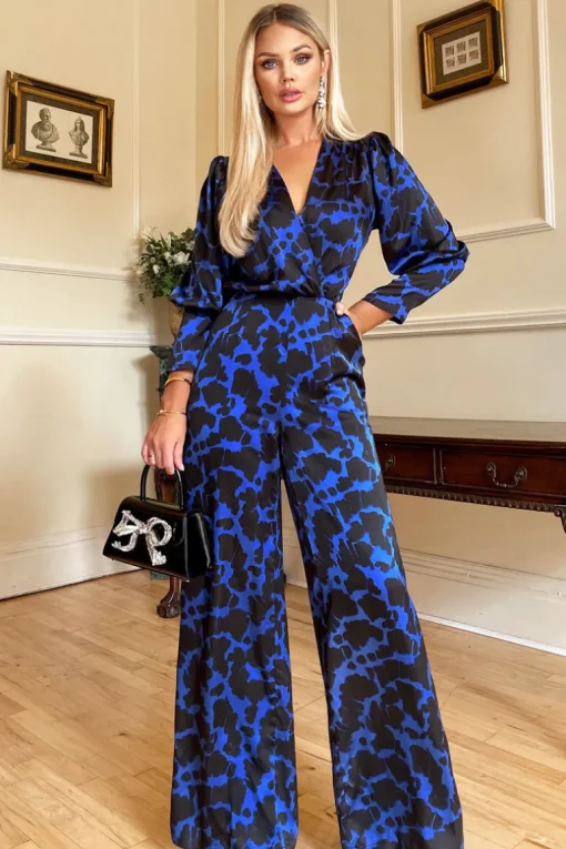 Cobalt and Black Print Wrap Top Jumpsuit
