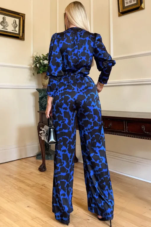 Cobalt and Black Print Wrap Top Jumpsuit