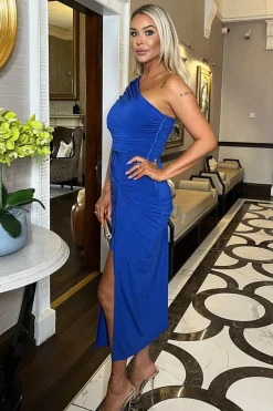 Cobalt One Shoulder Knot Skirt Midi Dress