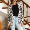 Cream And Black Brush Stroke Print Shawl Collar Open Front Blazer