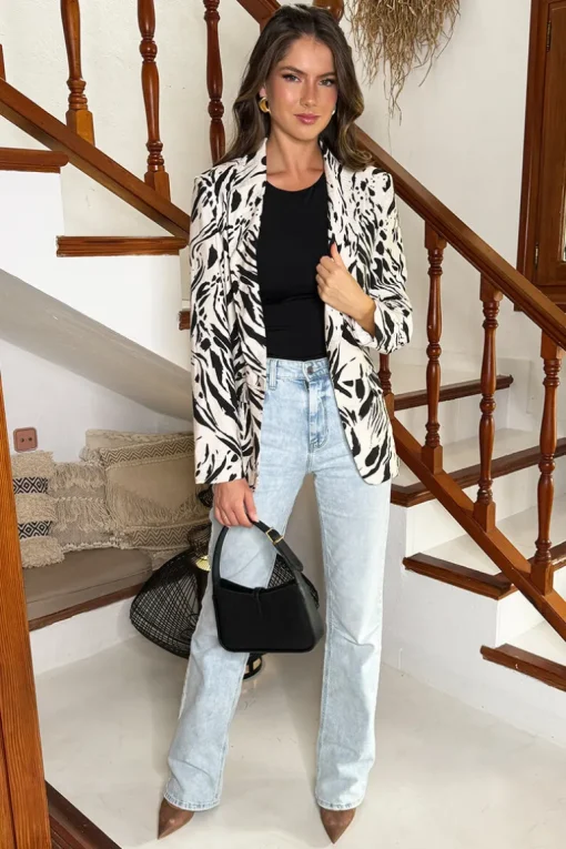 Cream And Black Brush Stroke Print Shawl Collar Open Front Blazer