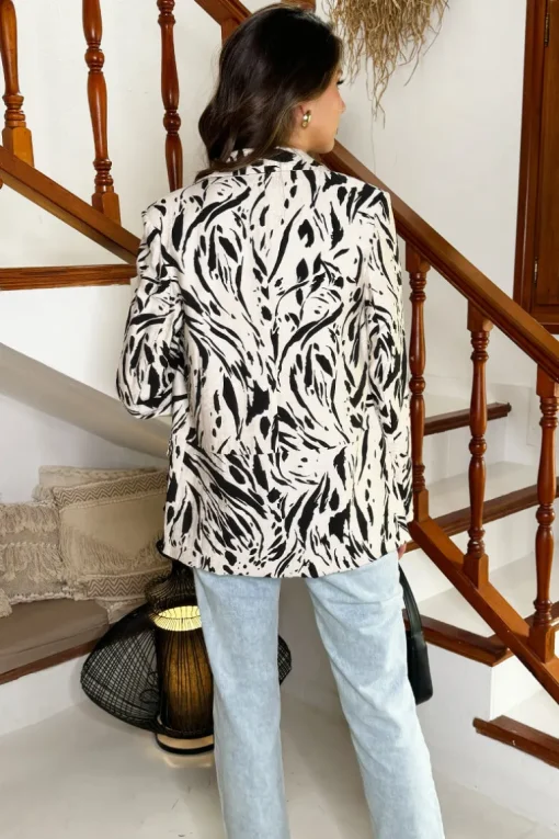 Cream And Black Brush Stroke Print Shawl Collar Open Front Blazer