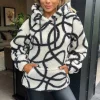 Cream And Black Swirl Pattern Front Pocket Teddy Hoodie